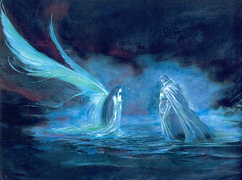 Too late, blue, wings, white, art, man, angel, woman, fantasy, couple, luminos, water HD wallpaper