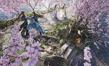 Friendly quarrel, frumusete, sword, man, gorgeous, girl, spring, superb, view from the top, pink, fantasy, couple, luminos, jianyachi l HD wallpaper