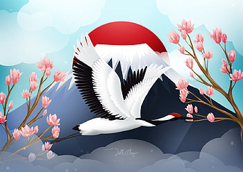 Crane, white, black, bird, spring, mountain, fantasy, red, sakura, vector, tamara vogyeraczki, pasari HD wallpaper