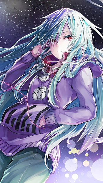blue hair, long hair, red eyes, Anime HD phone wallpaper
