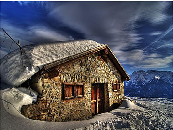 col de bornes , hills, snow, cabin HD wallpaper