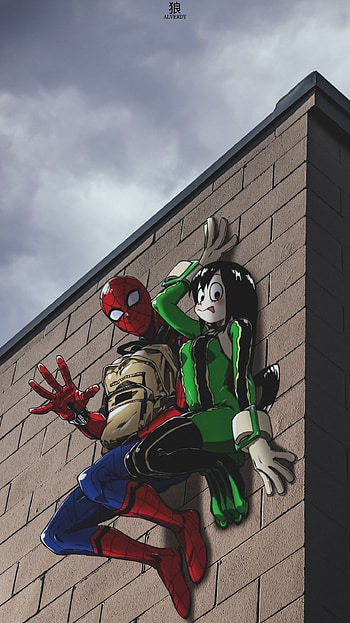 Spiderman & Tsuyu, anime x reality, sky, marvel, boku no hero, anime aesthetic, anime , tsuyu asui, my hero academia, wall, anime HD phone wallpaper