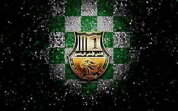 Al Ahli SC, glitter logo, QSL, green white checkered background, soccer, qatari football club, Al Ahli SC logo, mosaic art, football, Al Ahli Doha FC HD wallpaper