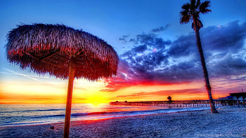 Sunset at the Beach, umbrella, palm tree, tropical, clouds, colors, pier, sky HD wallpaper