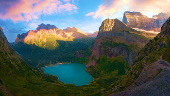 Dreamlike landscape of the Rockies, Montana, trees, clouds, sky, mountains, rocks, pond, sunrise, morning HD wallpaper