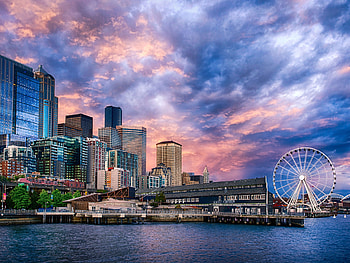 Seattle, Great Wheel attraction, Urban skyline, Breathtaking sunset HD wallpaper