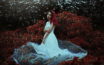 Melancholy Mood, white, model, girl, dress, melancholy, flowers, hair, forest, foliage HD wallpaper