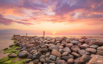 Rocky Breakwater, sea, clouds, rocks, sunset, Latvia HD wallpaper