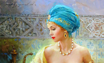 The Muze, razumov, art, girl, beautiful, serene, jewelry, konstantin, woman, digital, buste, painting, fantasy, pretty, head scarf HD wallpaper