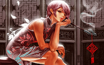 Oriental fantasy, blue, black, girl, oriental, dress, woman, purple, pink, fantasy, red, smoke, cigarette HD wallpaper