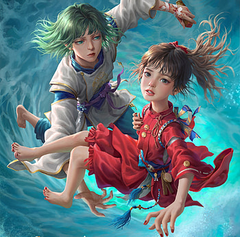 Spirited Away, couple, girl, blue, children, chen yingjun, art, copil, boy, fantasy, red, luminos HD wallpaper