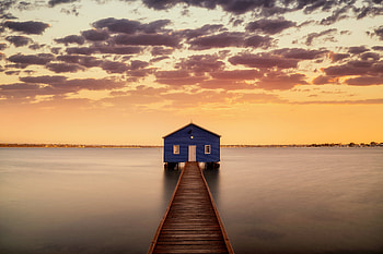 Pier, sunset, wooden bridge, house HD wallpaper