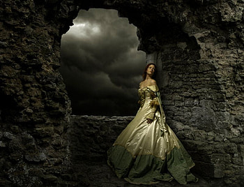 Pale moonlight , night, black, girl, beautiful, dress, dark, woman, ruins, sky, castle, female HD wallpaper
