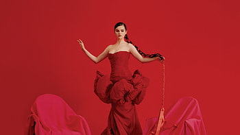 Beautiful Selena Gomez Is Wearing Red Dress Standing In Red Background Girls HD wallpaper
