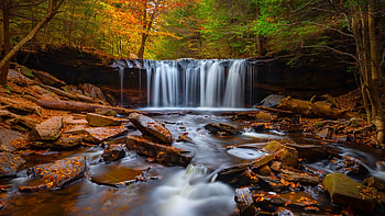 Waterfall in autumn forest, leaves, fall, trees, waterfall, autumn, forest, foliage, stones, beautiful HD wallpaper