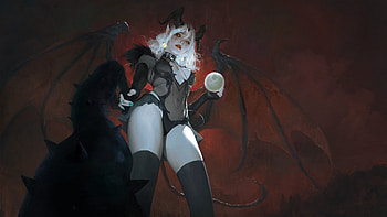 Demoness, ane, art, fantasy, red, girl, aneart, bat, wings, view from down, demon HD wallpaper
