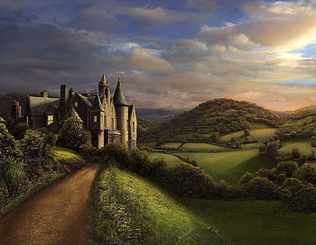Castle, abstract, fantasy, valley, path, , mountain HD wallpaper