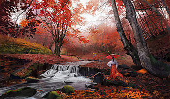 Ancient Asian Girls Morning Walk In Autumn , artist, artwork, digital-art HD wallpaper