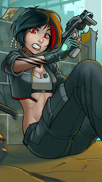 weapon, red eyes, black hair, short hair, woman warrior, Sci Fi HD phone wallpaper