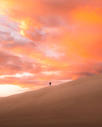 A lone silhouette walks on dunes under a vibrant Australian sunset. HD phone wallpaper