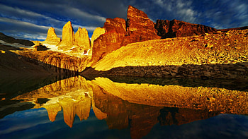 Torres del Paine National Park, Chile, peaks, clouds, sky, water, rocks, lake, reflections HD wallpaper