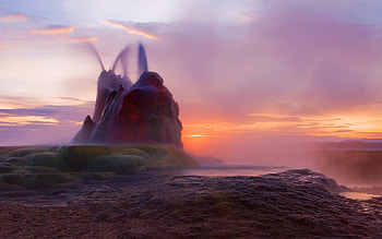 Flying Geyser, mist, geyser, purple, landscape, clouds, sky, rock HD wallpaper