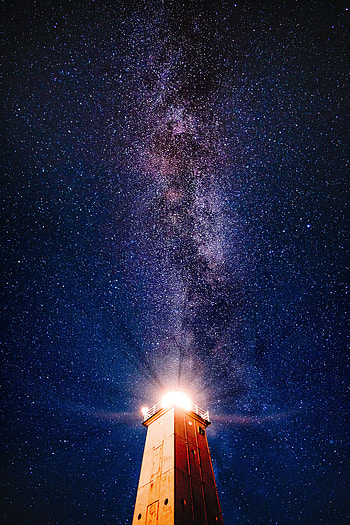 Universe, Night, Shine, Light, Starry Sky, Lighthouse HD phone wallpaper