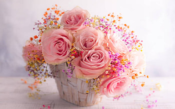 Spring Flowers, Flowers, Roses, Basket, Pink HD wallpaper