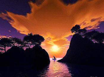 The way home, orange sky, cliffs, clouds, sailboat, water, sunset HD wallpaper