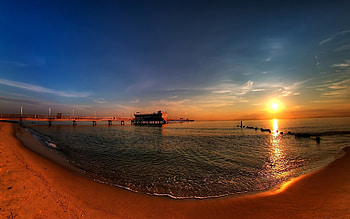 Nature, Sunset, Shore, Bank, Pier, Panorama HD wallpaper