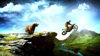 Landscape, Art, Mountains, Bear, Motorcyclist HD wallpaper
