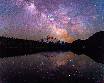 Night, starry sky, mountain peak, reflections HD wallpaper