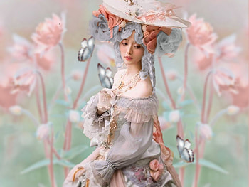 Femininity, peach, blue gray, girl, beauty, hat, pastel, white, soft, butterflies, pink, delicate HD wallpaper