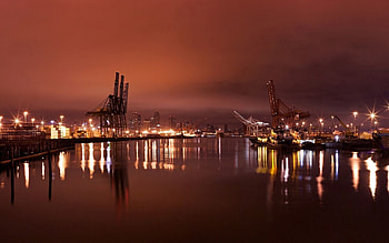 Cities, Cranes, City, Lights, Reflection, Shine, Light, Port HD wallpaper
