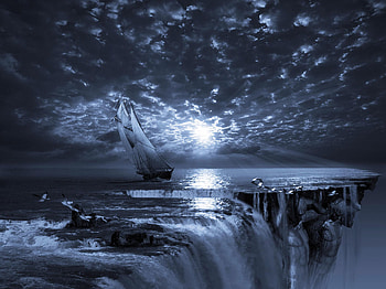 The Final Frontier, fantasy, surreal, edge, ship, moon, sails HD wallpaper