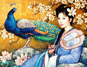 Princess and peacock, blue, asian, art, bird, girl, spring, hand fan, painting, paun, pictura, yellow, evantai, peacock, pasari HD wallpaper