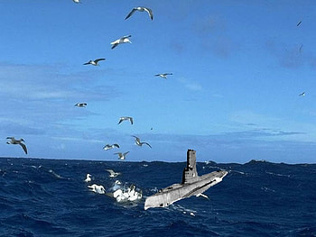 submarine surface, sea, rise, sky, birds HD wallpaper