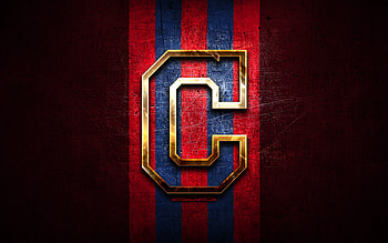 Cleveland Indians emblem, MLB, golden emblem, red metal background, american baseball team, Major League Baseball, baseball, Cleveland Indians HD wallpaper