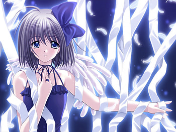 Haneda kobato, sweet, wings, purple hair, alone, smile, ribbon, cute, angel, short hair, blush, hair bow HD wallpaper