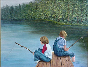 Gone Fishing, children, painting, art, fishing, poles, patience, dock, water HD wallpaper