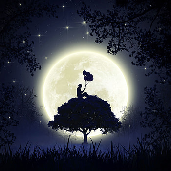 Art, Moon, Balloons, Dark, Silhouette, Wood, Tree, Full Moon, Air Balloons HD phone wallpaper