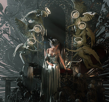:), wlop, dark, throne, fantasy, girl, angel HD wallpaper