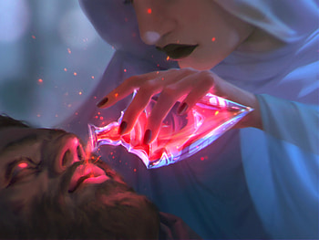 Healing potion, blue, art, man, pauline voss, girl, bottle, pink, fantasy, healing, couple, luminos, potion HD wallpaper