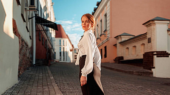 Redhead Girl Model Is Standing On The Street Wearing White Top And Black Skirt Girls HD wallpaper