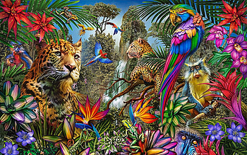 Leopard Jungle, parrots, monkeys, digital, art, cats, colors, flowers HD wallpaper
