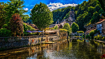 France Brantome Dromme River Village Blue Sky Scenery Background Travel HD wallpaper