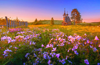 Spring Sunset, hills, meadow, old church, beautiful, wildflowers, springtime, fence, trees, flowers, pasture, sunset HD wallpaper