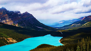 Peyto Lake, Banff National Park, Alberta, landscape, clouds, sky, canada, mountains HD wallpaper