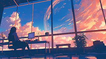 Beautiful sky by Uomi, girl, chair, window, cloud, sky HD wallpaper