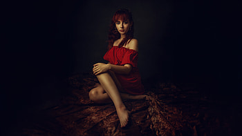 Girl Red Dress Cross Legs , girls, model HD wallpaper
